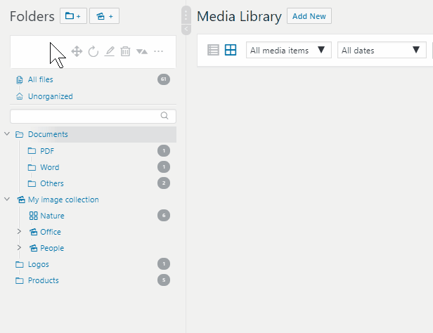 Screenshot of the WordPress plugin real-media-library-lite about: file manager, media folder, media library folder, media library folders, WordPress media library folders
