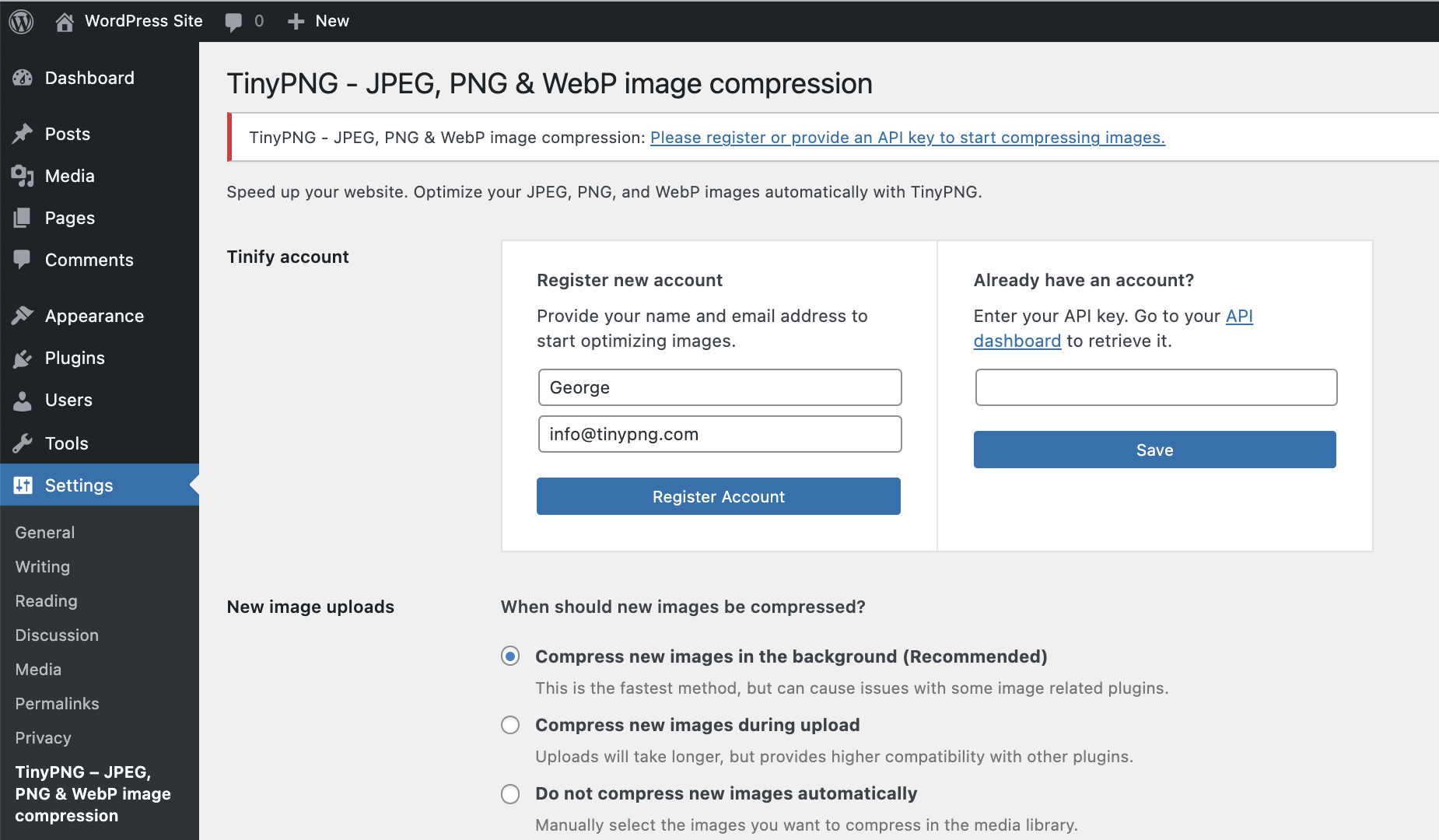 Screenshot of the WordPress plugin tiny-compress-images about: compress images, compression, image size, Page Speed, performance
