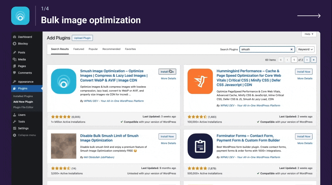 Screenshot of the WordPress plugin wp-smushit about: compress images, convert webp, image optimization, optimize images, webp
