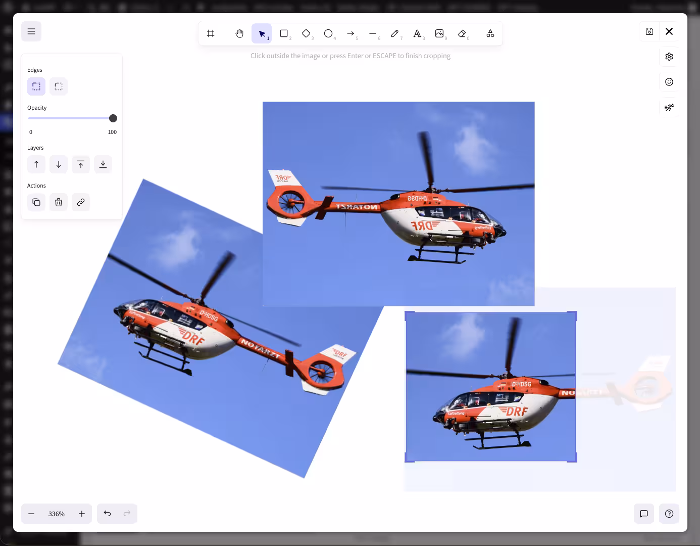 Several helicopter images on the neoDraw canvas freely rotated, horizontally flipped and cropped
