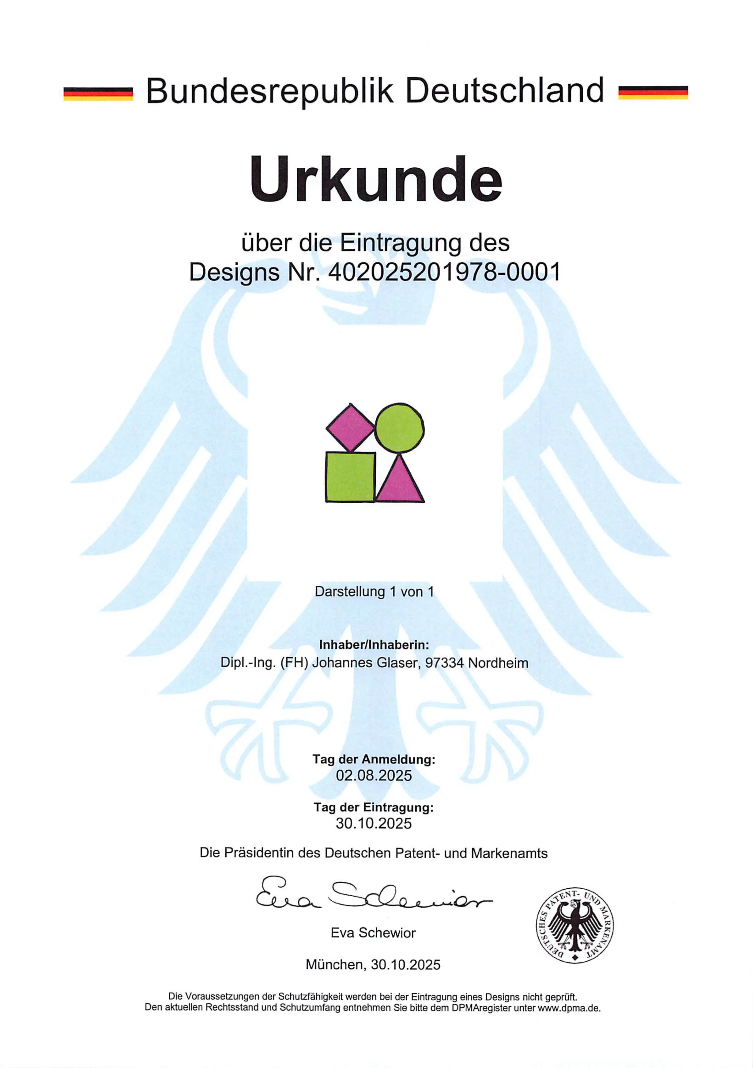 Certificate for the logo & icon registered as a design of the neo WP plugin at the German Patent and Trademark Office in Munich