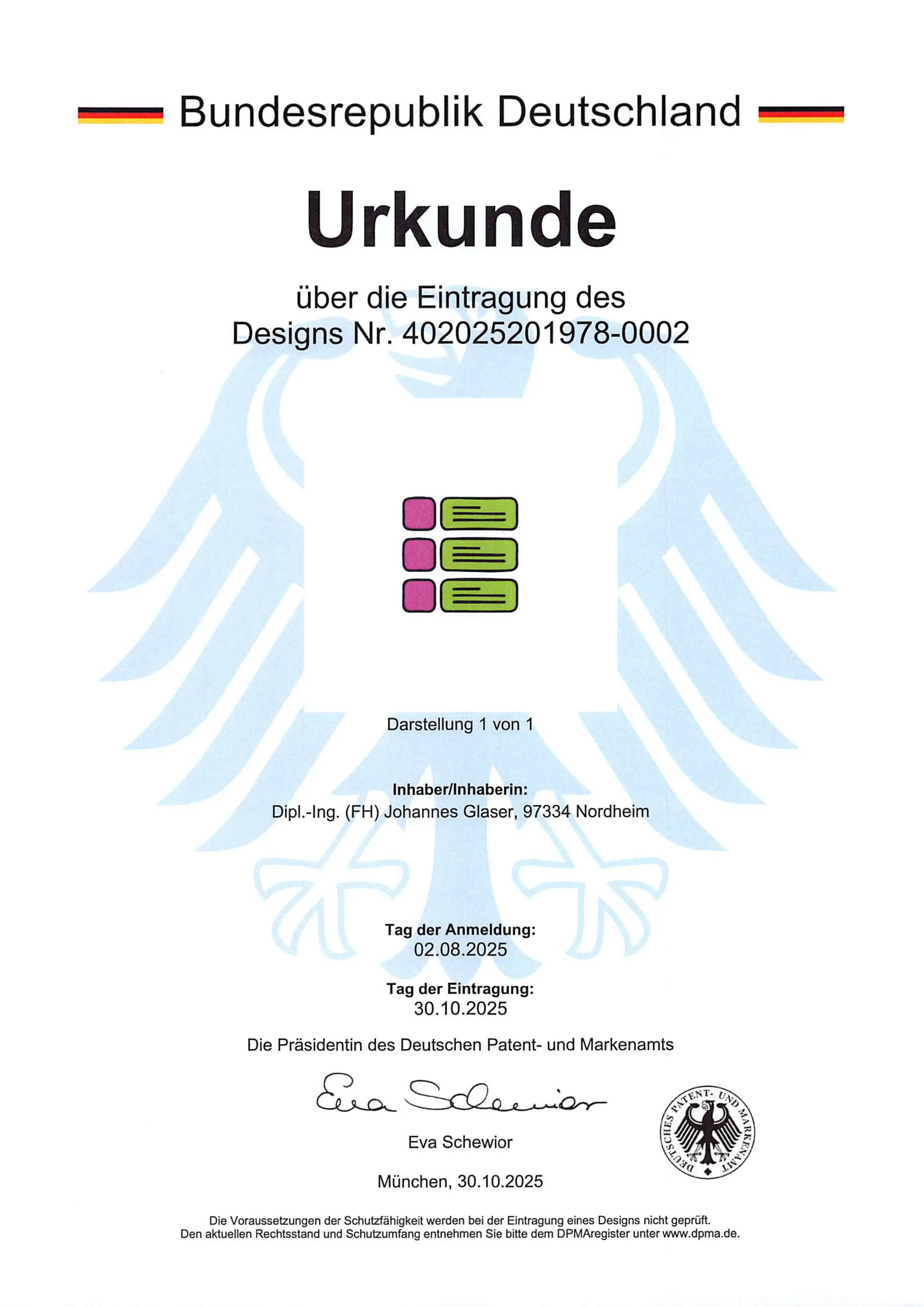 Certificado del logotipo e icono registrados como diseño del plugin neo Library en la Oficina Alemana de Patentes y Marcas en Múnich