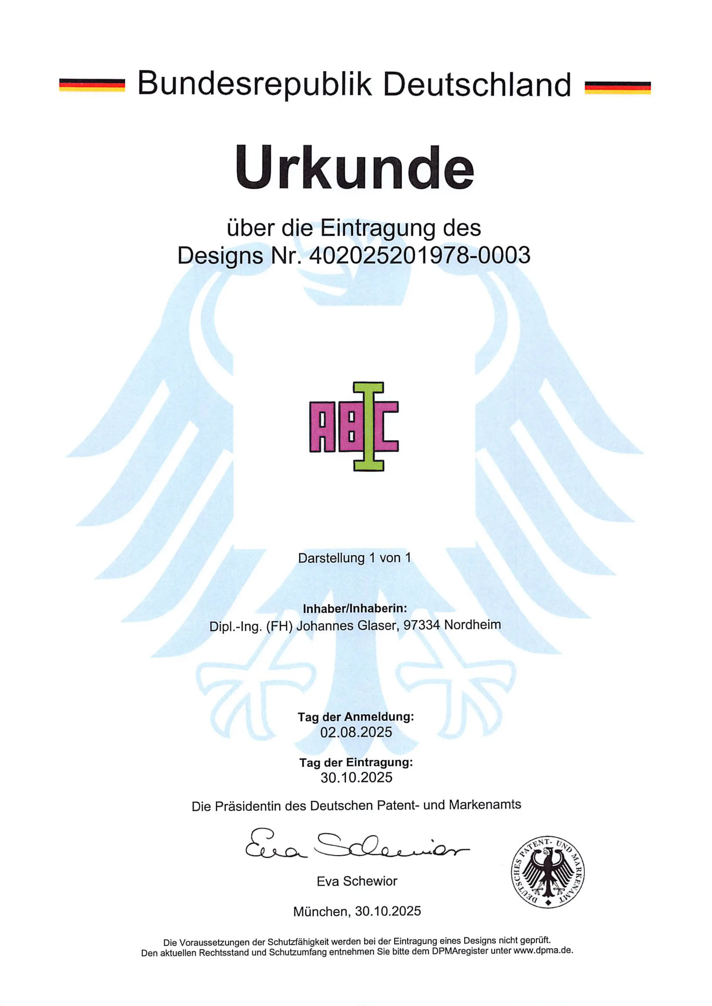 Certificate for the logo & icon registered as a design of the neo Rename plugin at the German Patent and Trademark Office in Munich