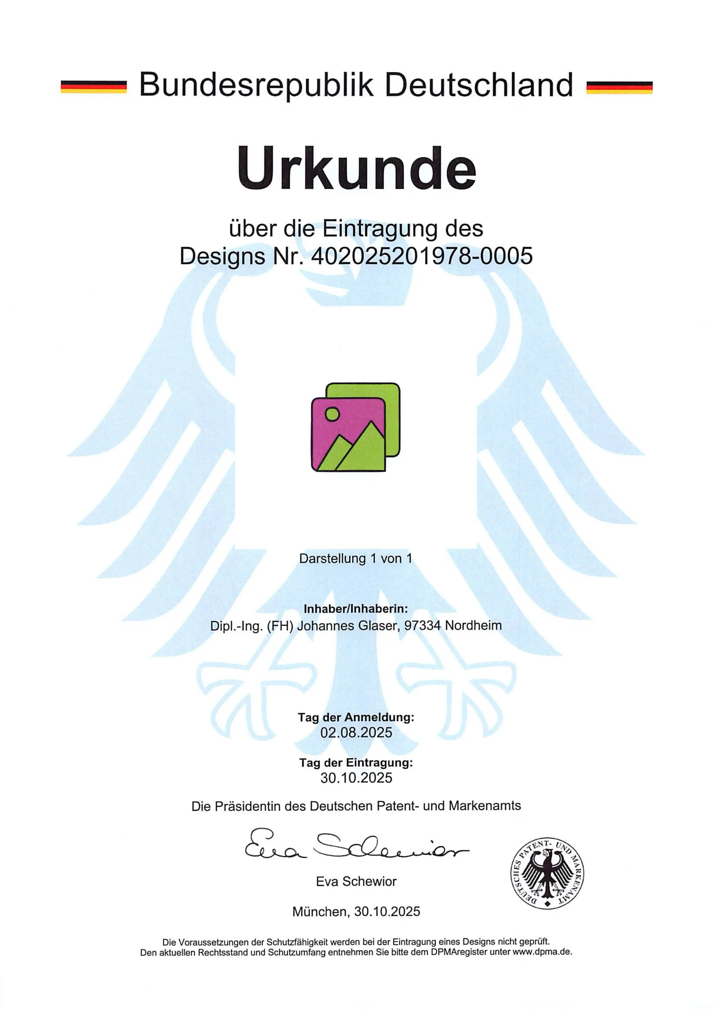 Certificado del logotipo e icono registrados como diseño del plugin neo Duplicate en la Oficina Alemana de Patentes y Marcas en Múnich