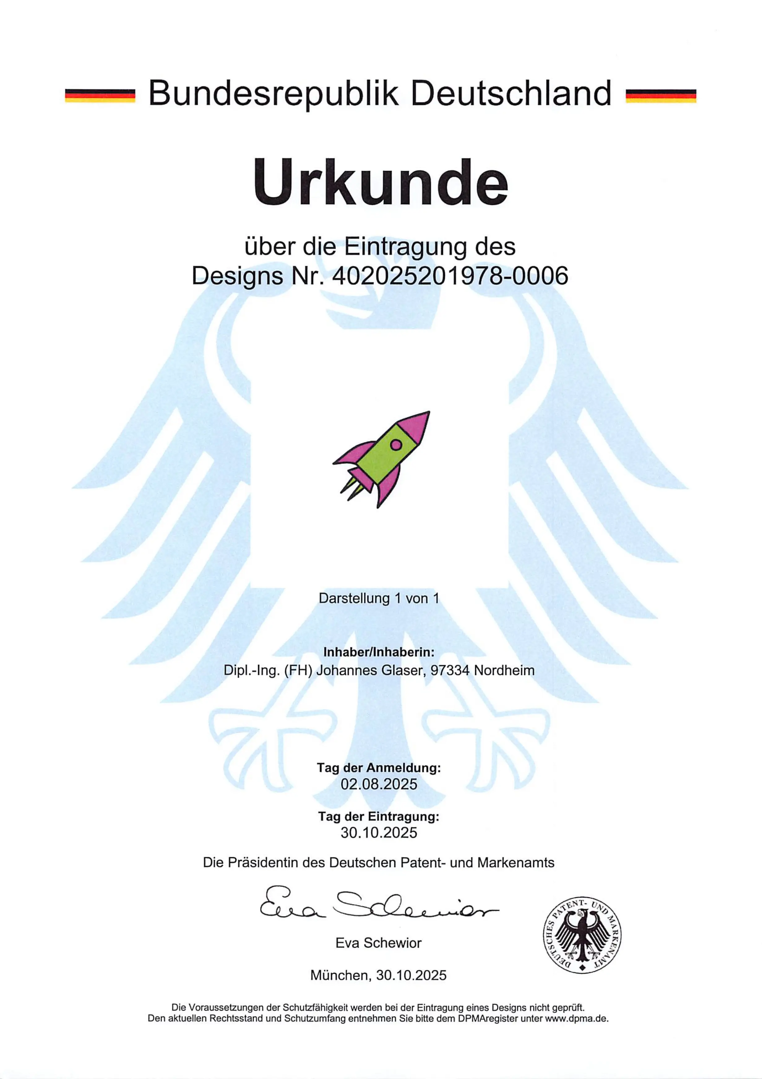 Certificate for the logo & icon registered as a design of the neo Optimize plugin at the German Patent and Trademark Office in Munich
