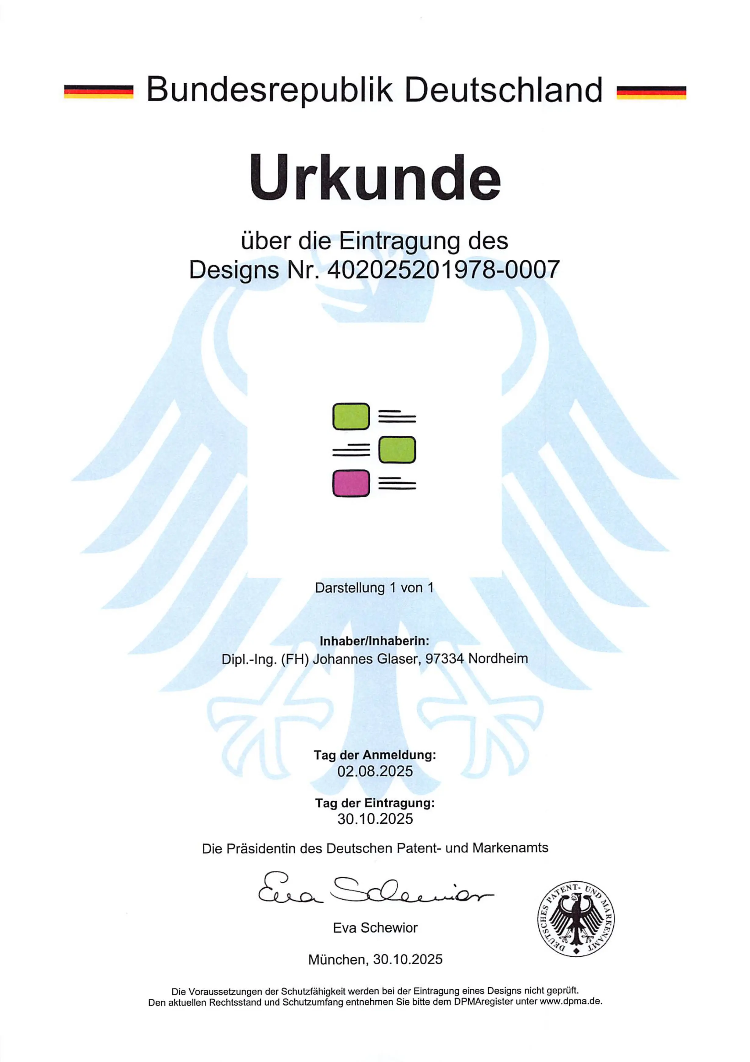 Certificado del logotipo e icono registrados como diseño del plugin neo Lazy en la Oficina Alemana de Patentes y Marcas en Múnich