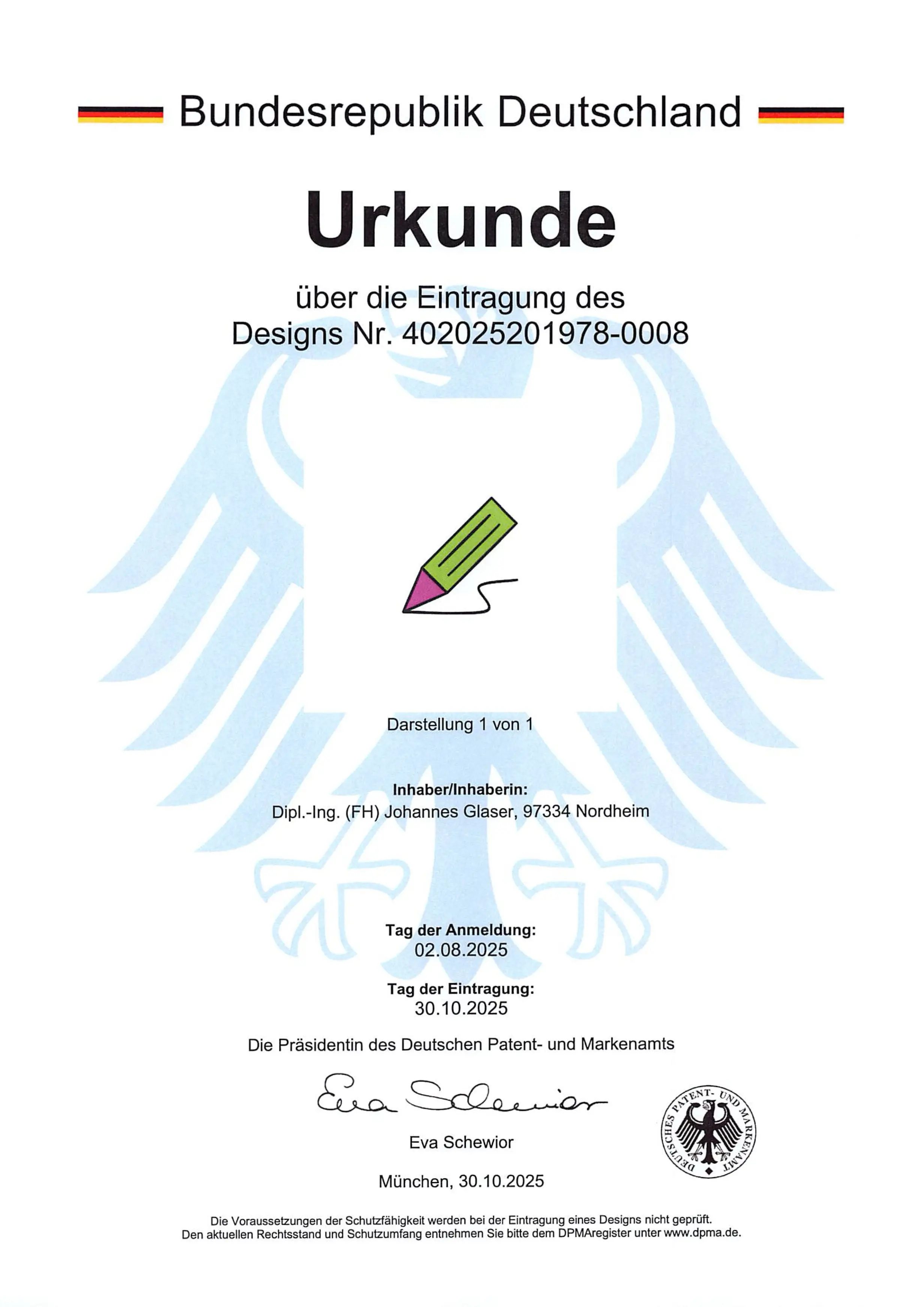 Certificate for the logo & icon registered as a design of the neo Draw plugin at the German Patent and Trademark Office in Munich