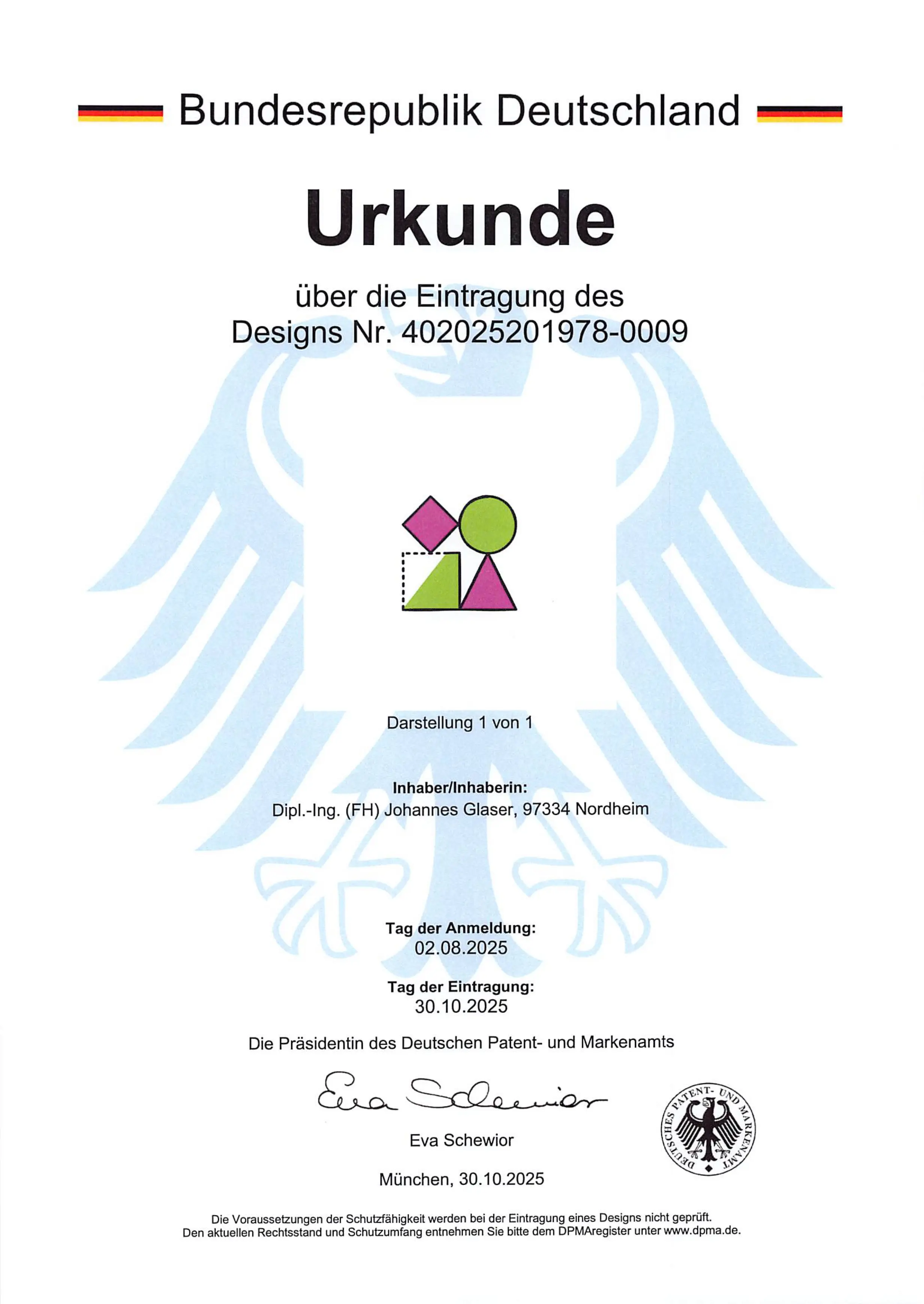 Certificate for the logo & icon registered as a design of the neo Animate plugin at the German Patent and Trademark Office in Munich