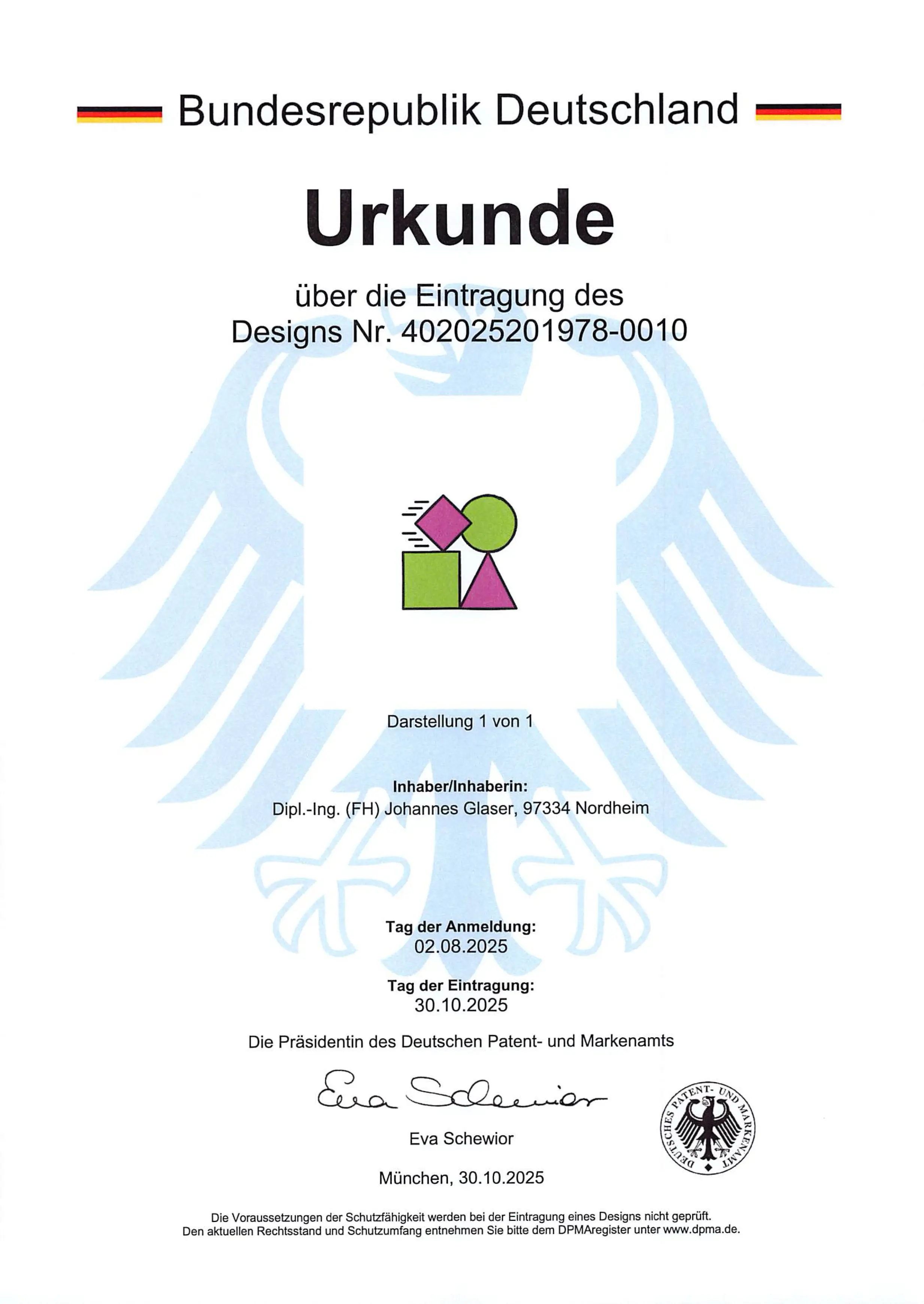 Certificate for the logo & icon registered as a design of the neo Motion plugin at the German Patent and Trademark Office in Munich