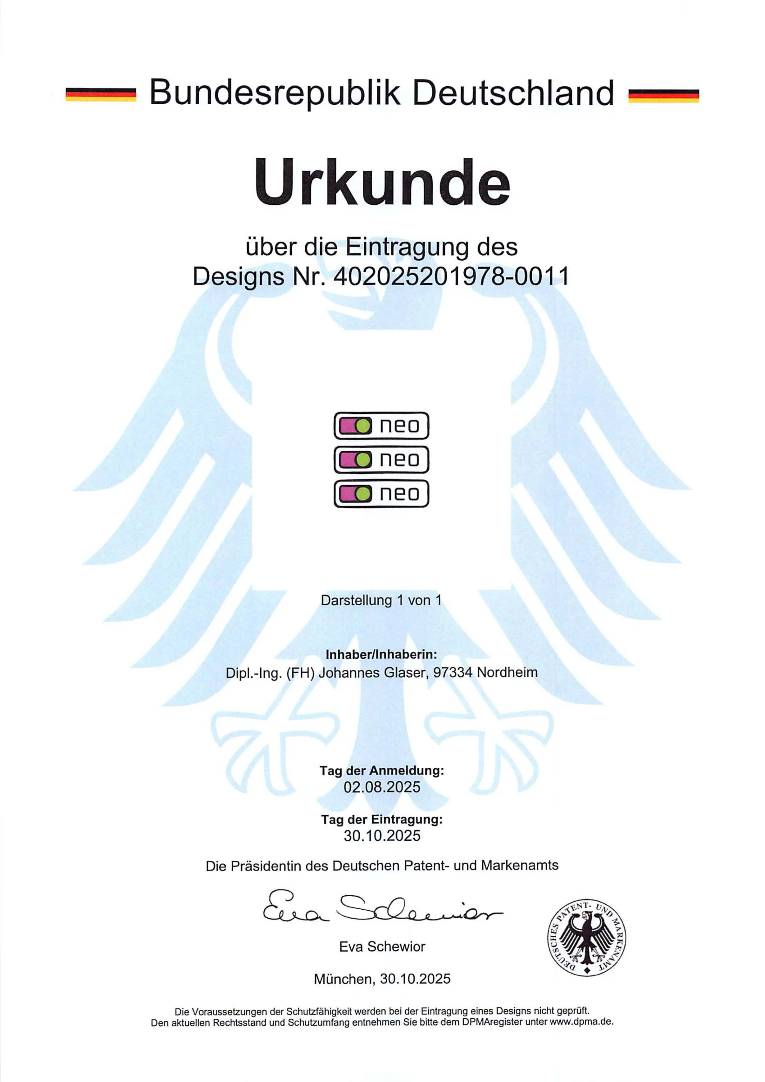 Certificate for the logo & icon registered as a design of the neo Plugins plugin at the German Patent and Trademark Office in Munich