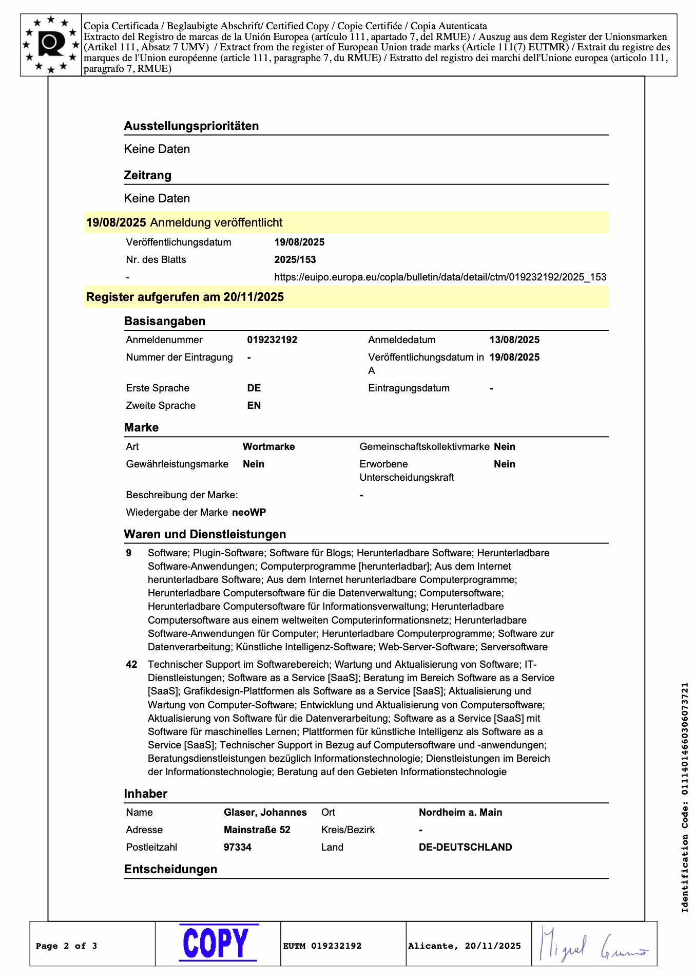 Certificate with classes of the word mark neo WP of the WP plugin at EUIPO - European Union Intellectual Property Office