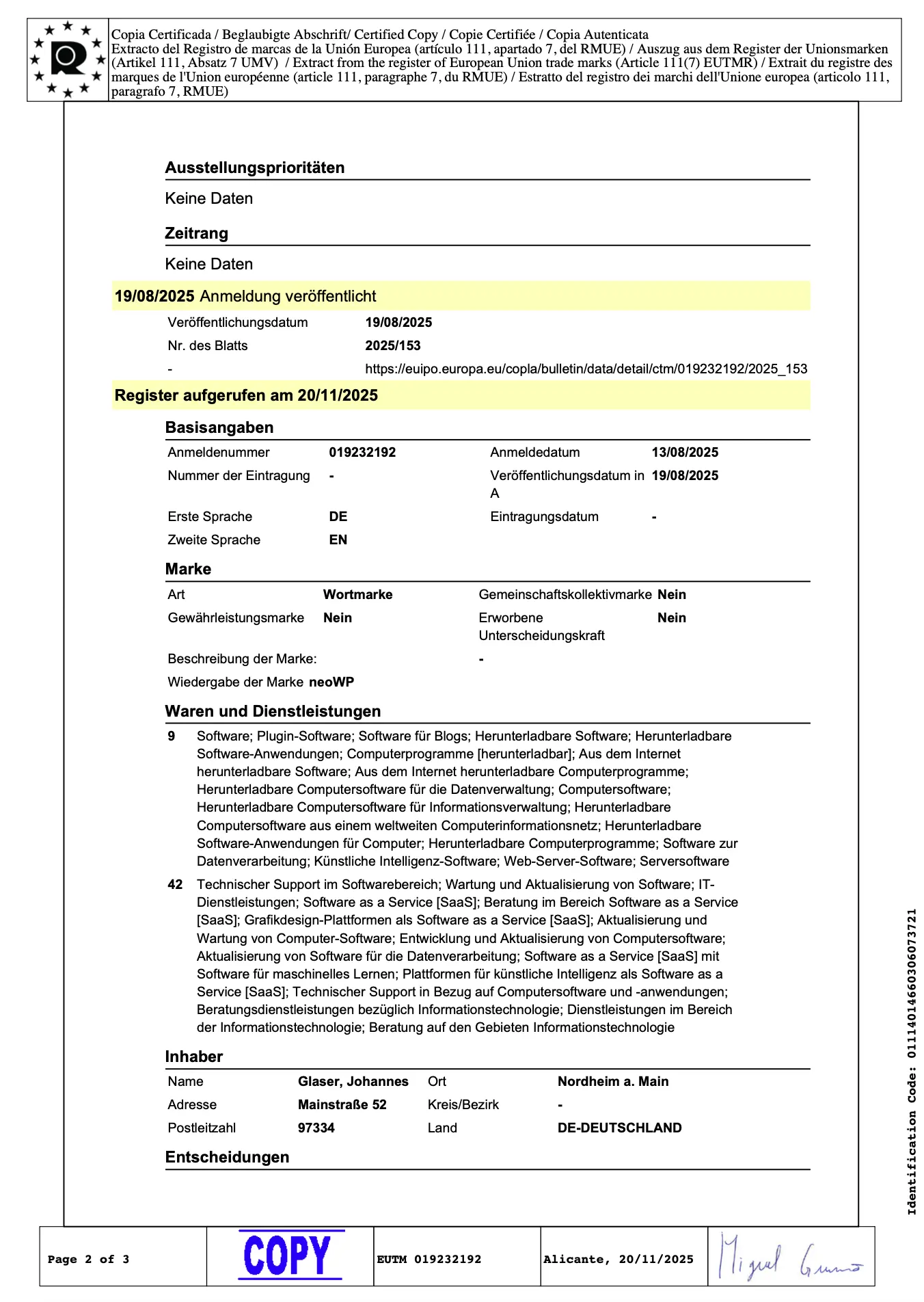 Certificado con las clases de la marca denominativa neo WP del plugin WP en la EUIPO - Oficina de Propiedad Intelectual de la Unión Europea