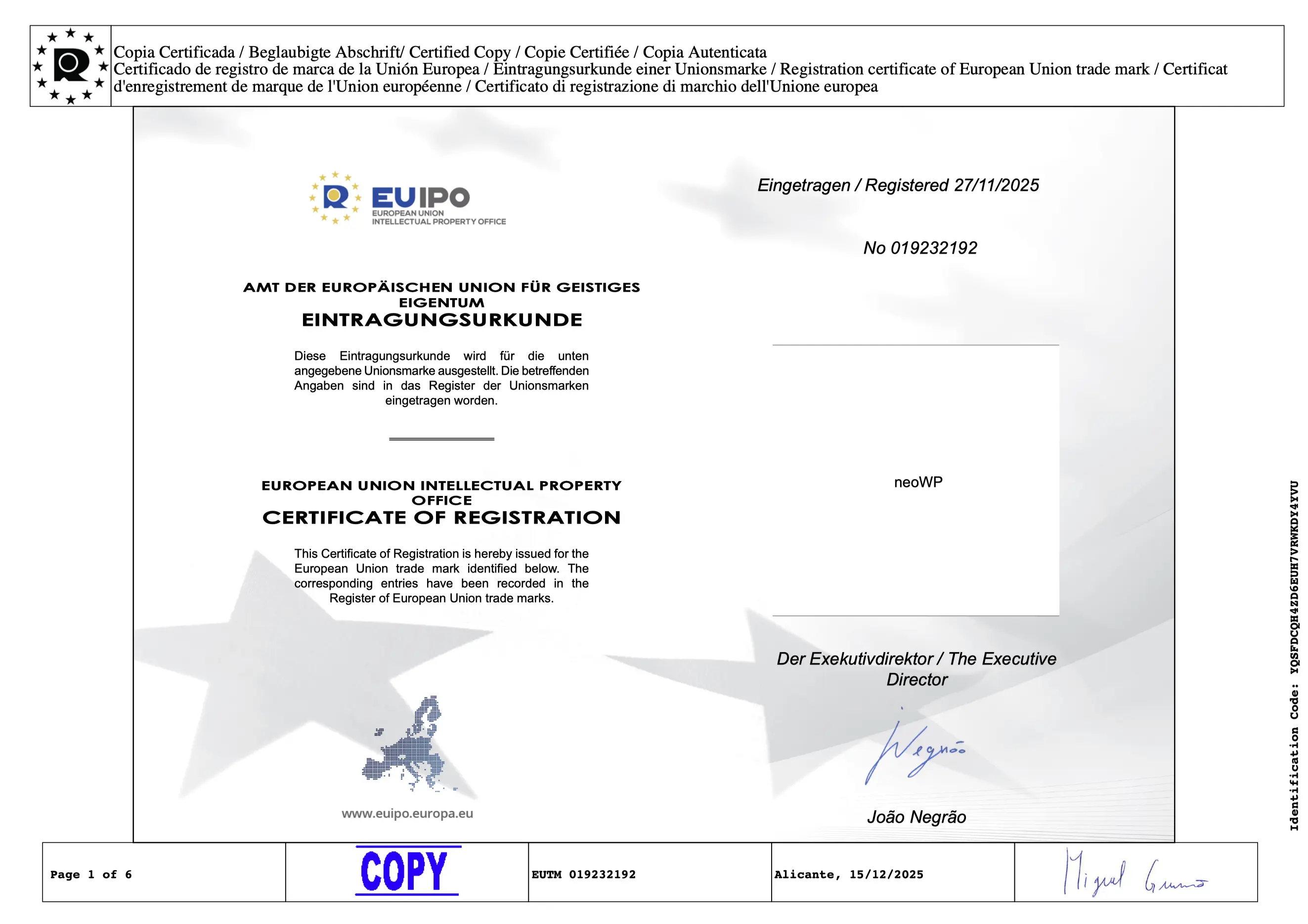 Certificate of registration of the word mark neo WP of the WP plugin at EUIPO - European Union Intellectual Property Office