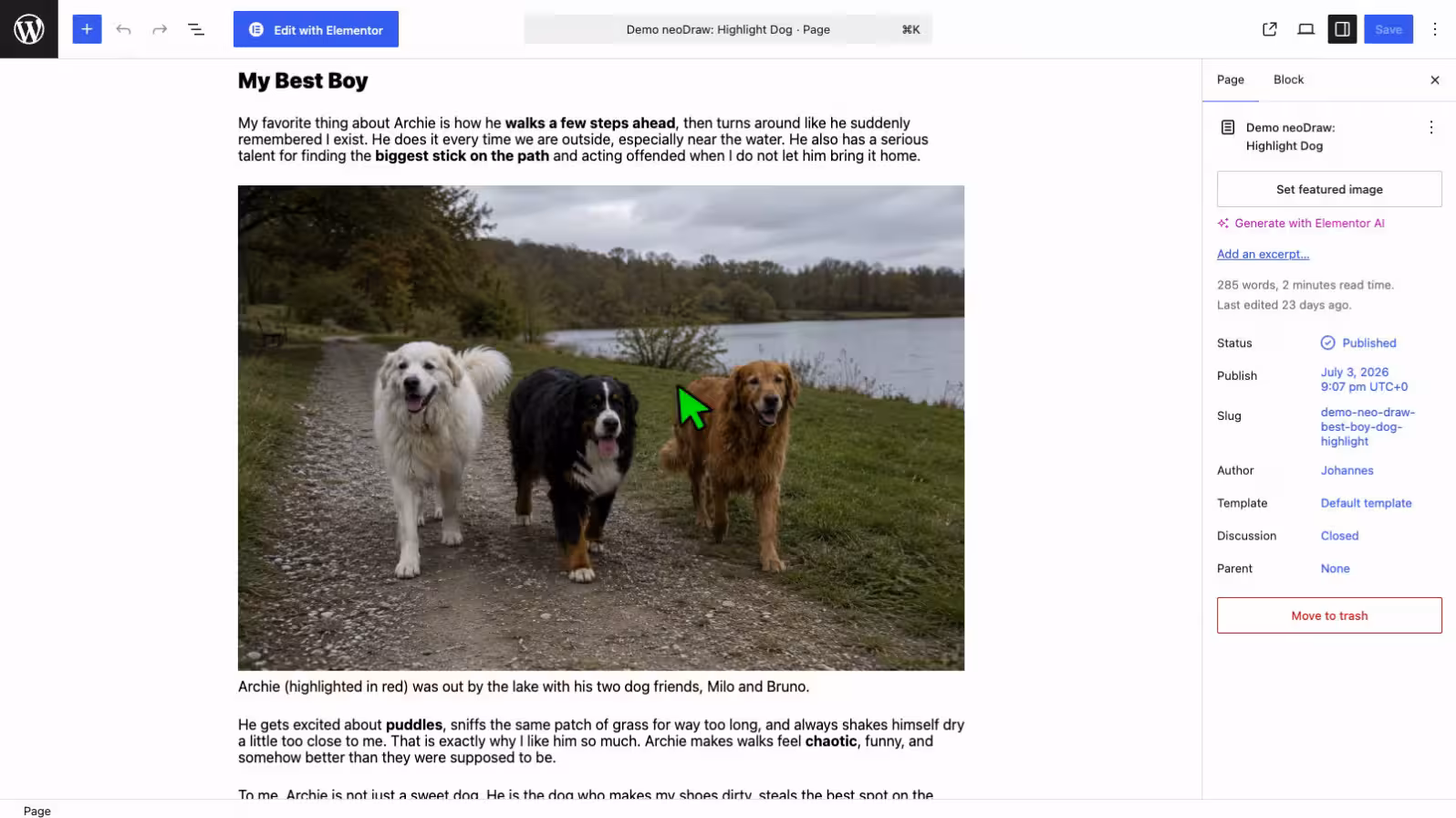 WordPress-Beitrag vor dem Markieren: Das Bild mit den drei Hunden ist im Editor geöffnet