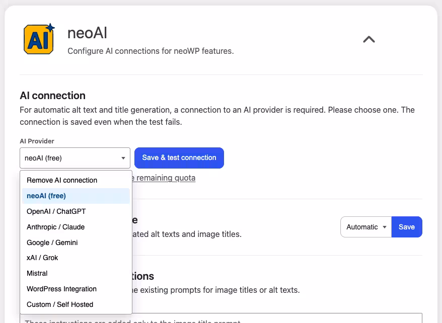 neoAI AI Connection settings screenshot with provider dropdown (neoAI, OpenAI, Anthropic, Google) and Save buttons