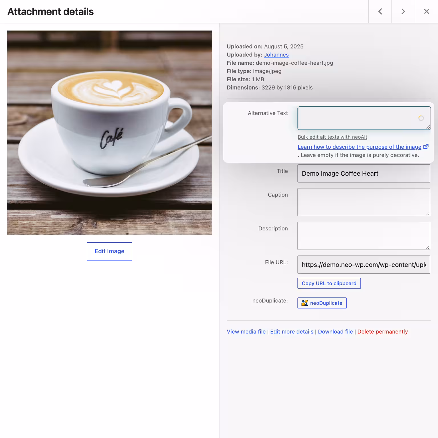 AI-generate alt text in a media popup directly in the WordPress media library via a simple AI button with page context