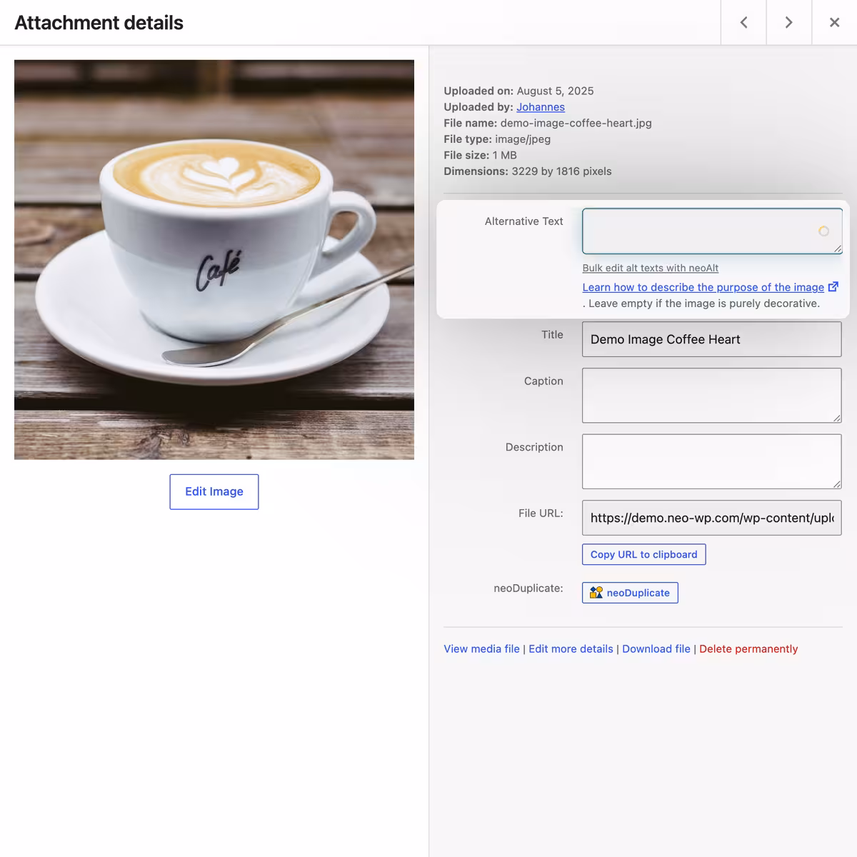Alt-Text per KI direkt im Medien-Popup in der Mediathek von WordPress über einen einfachen KI-Button mit Seitenkontext generieren
