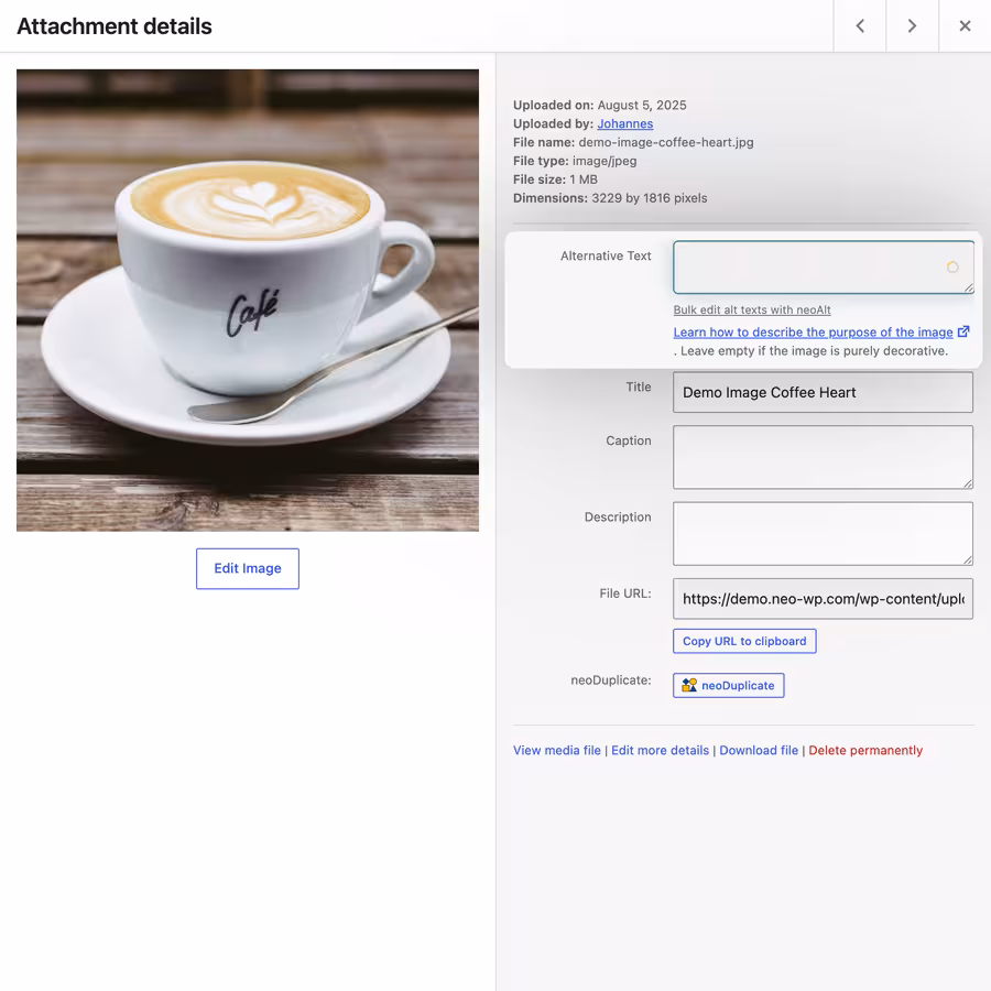 AI-generate alt text in a media popup directly in the WordPress media library via a simple AI button with page context