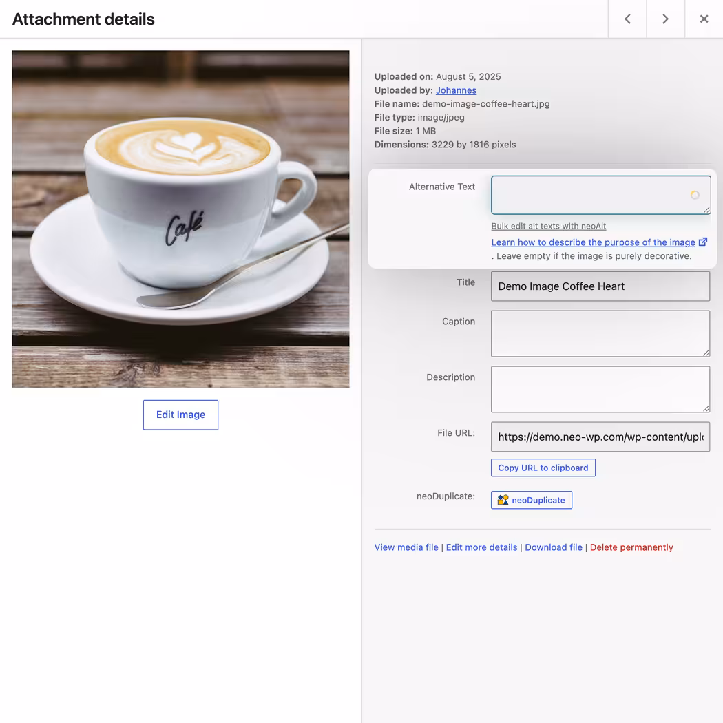 Alt-Text per KI direkt im Medien-Popup in der Mediathek von WordPress über einen einfachen KI-Button mit Seitenkontext generieren