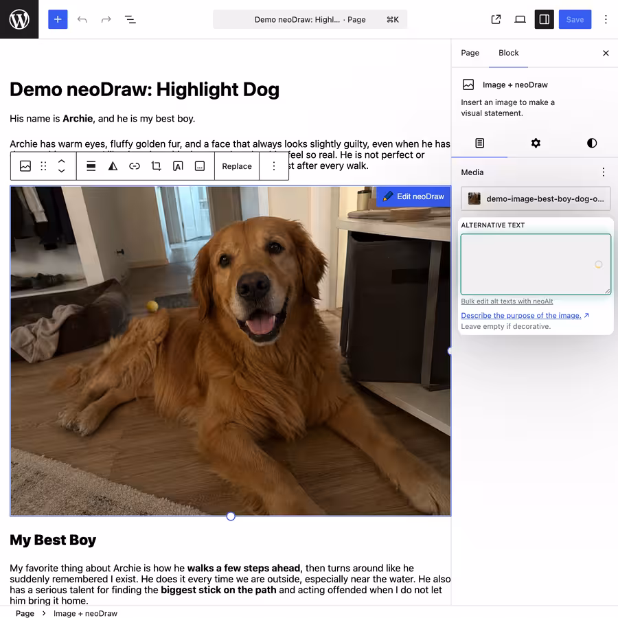AI-generate alt text directly in the Gutenberg block editor via a subtle AI button
