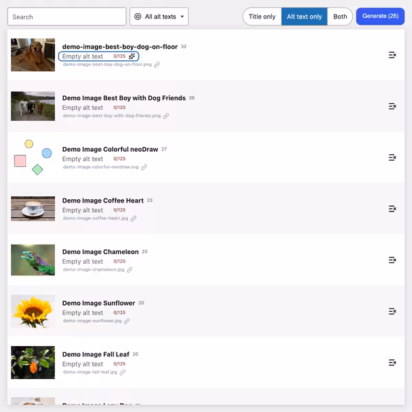 Search by image title or filename, filter for empty alt texts, edit title, edit & generate alt texts, ...