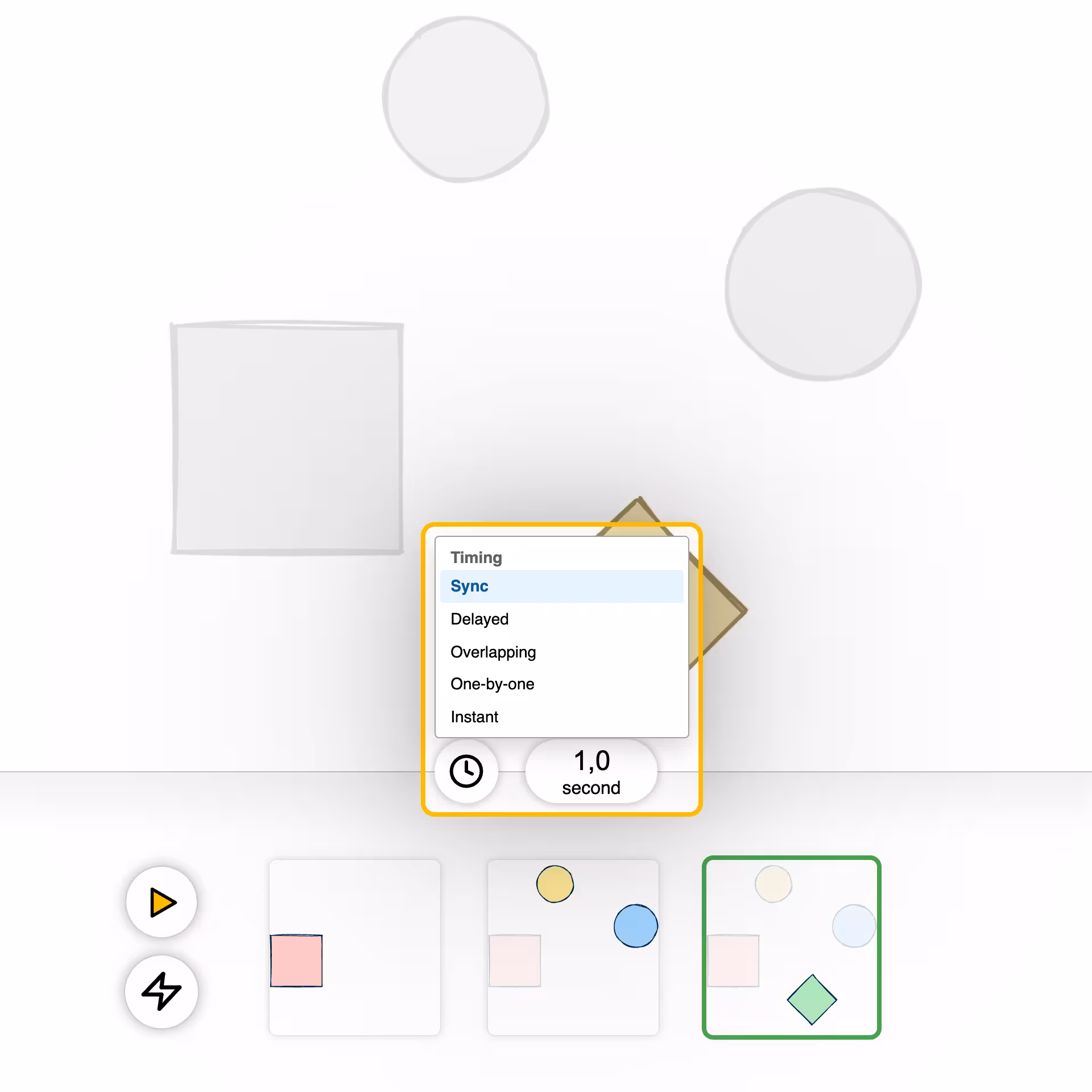 Settings for timing of stroke-path animations, for example all elements at once, delayed, or one after another