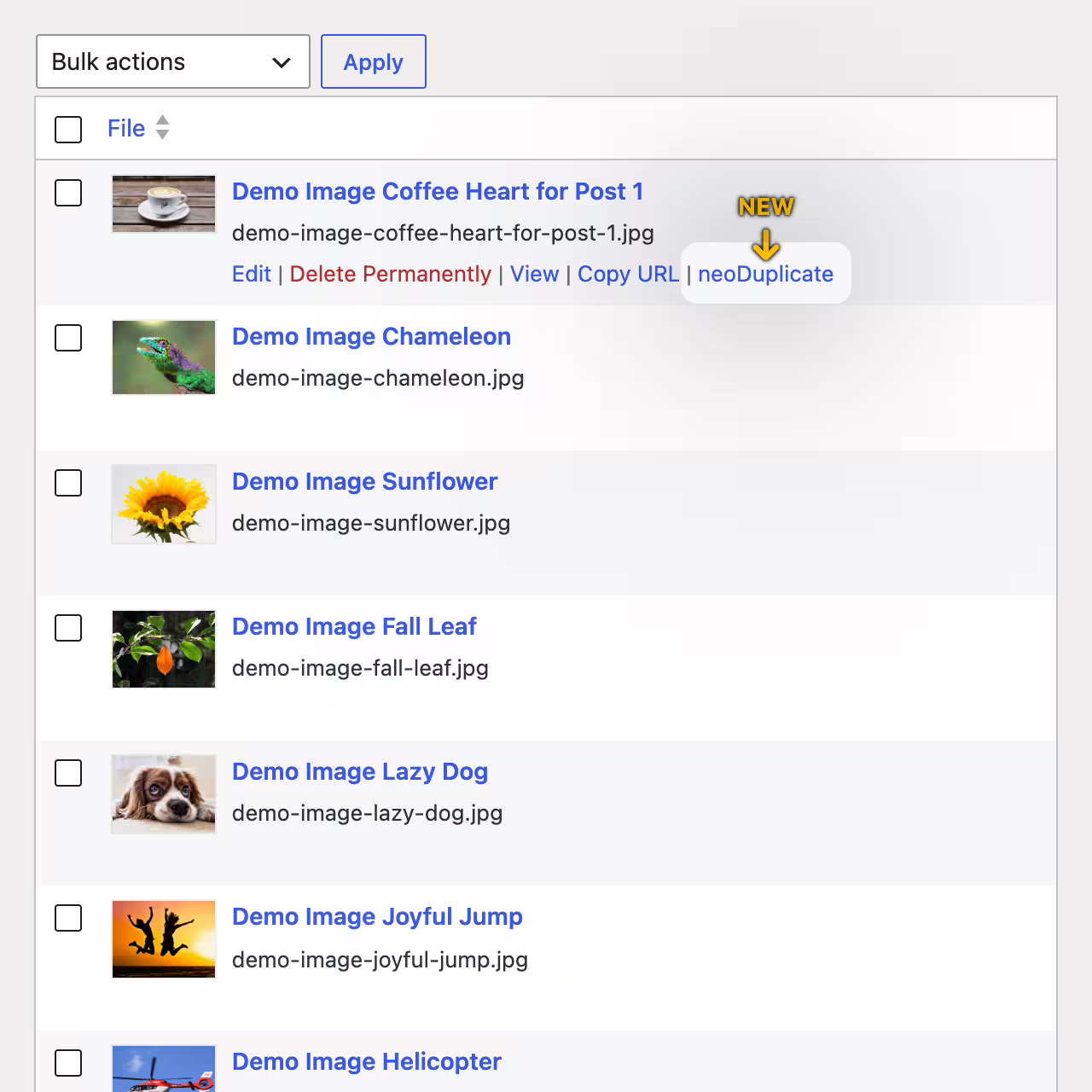 Screenshot neo Duplicate - Duplicate images, videos, and documents in the WordPress media library with one click.