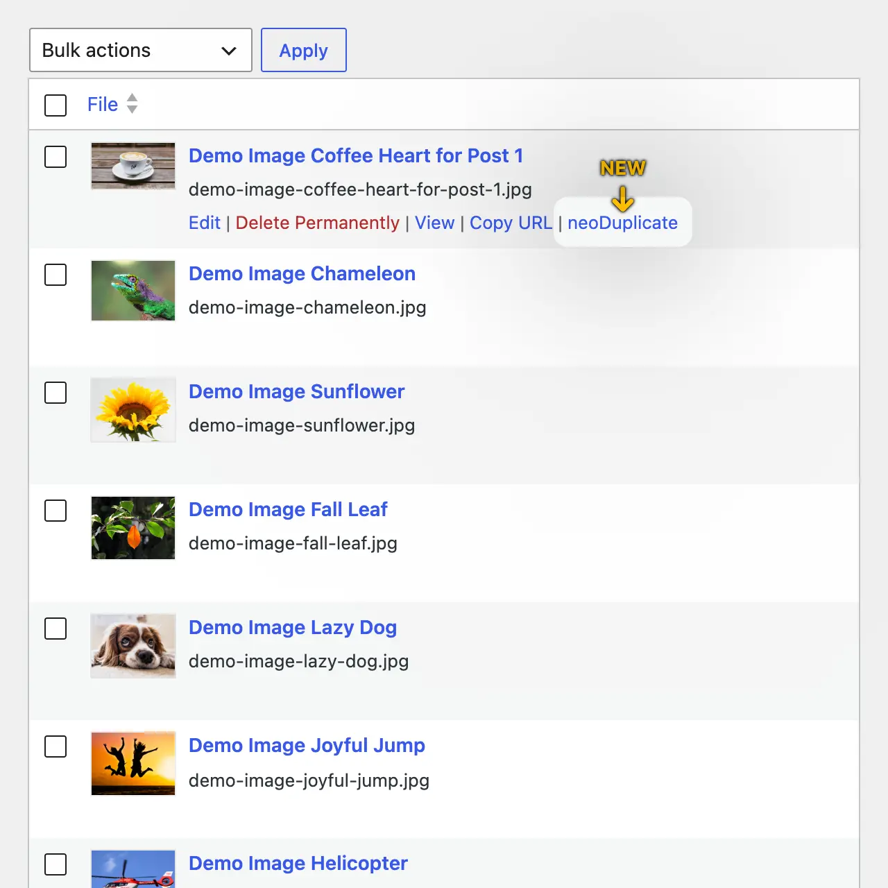 Screenshot neo Duplicate - Duplicate images, videos, and documents in the WordPress media library with one click.