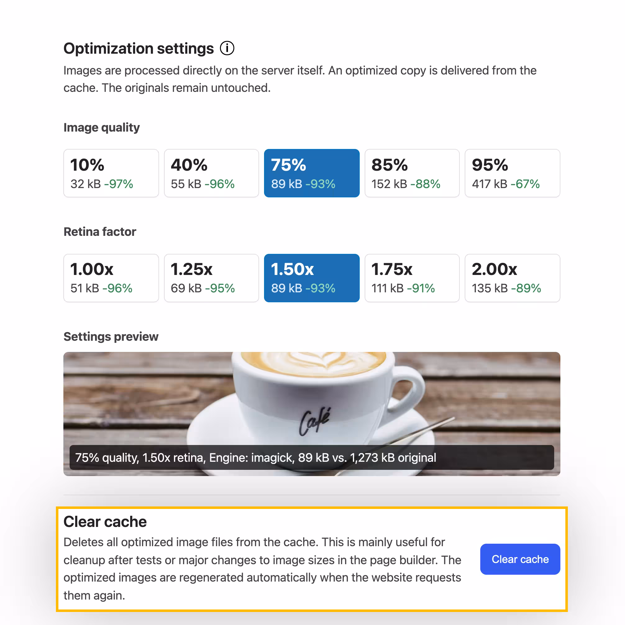 Cache for fast delivery of optimized images. This keeps the original images and the database untouched.