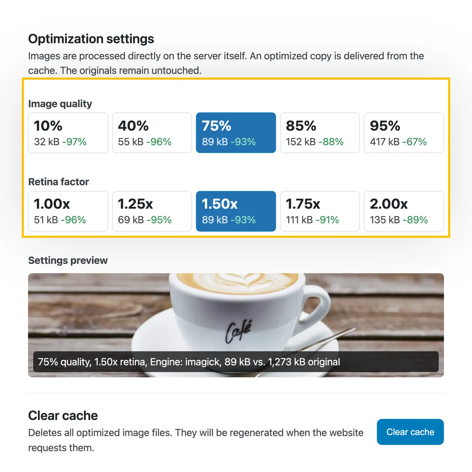 Individually adjustable image quality in WebP format for high image quality with fast loading times