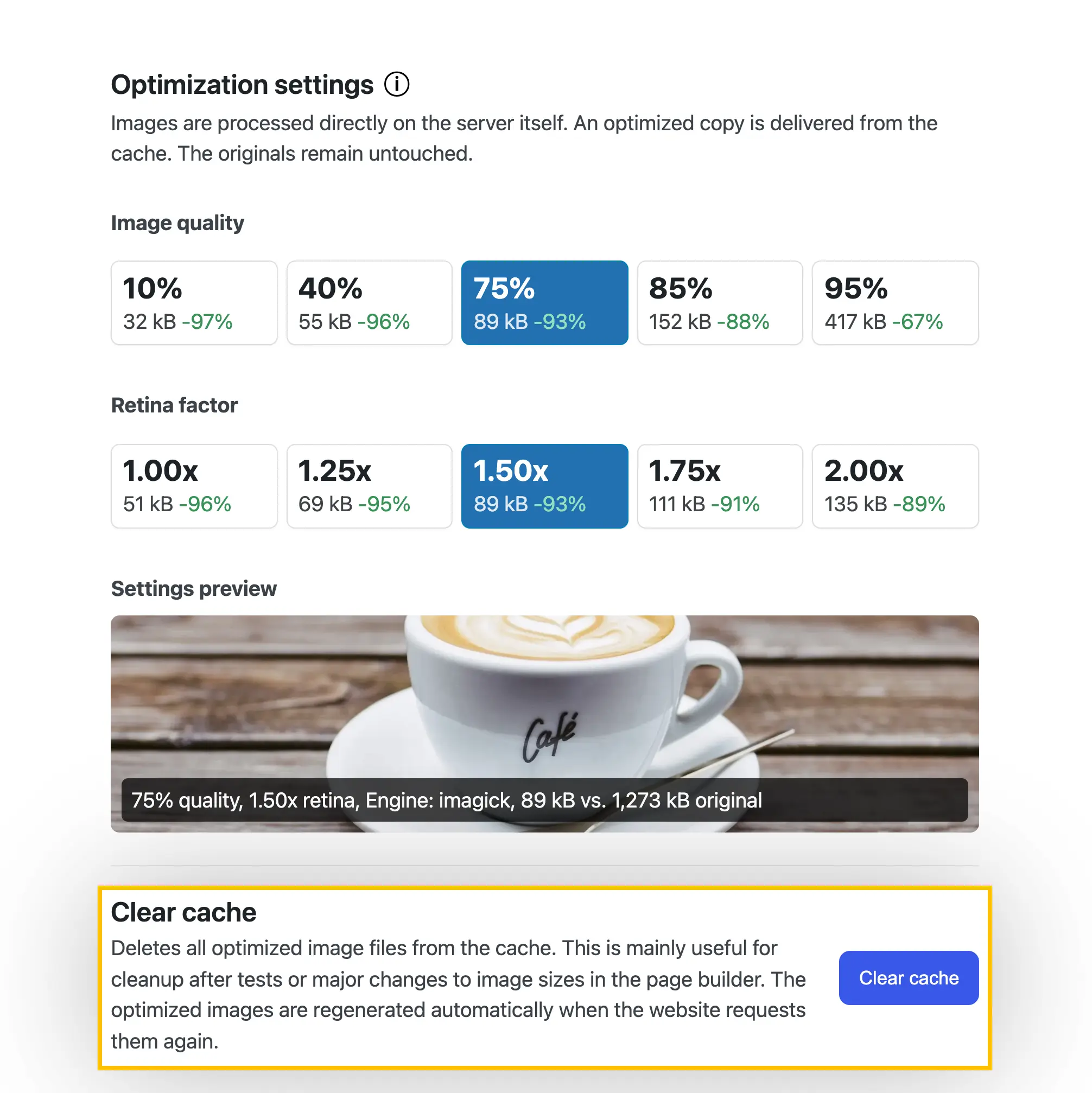 Caché para servir rápidamente las imágenes optimizadas. De este modo se conservan las imágenes originales y la base de datos intactas.