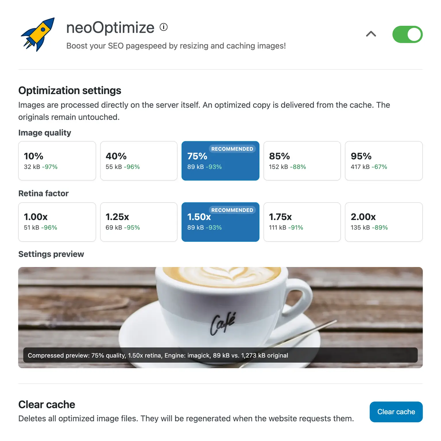 Screenshot neo Optimize - Media Optimizer Plugin for WordPress images to reduce graphics for SEO optimization