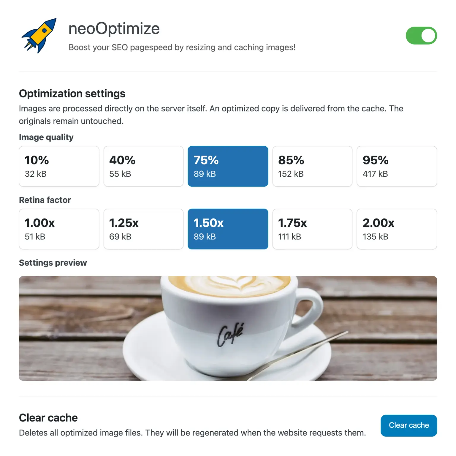 Screenshot neo Optimize - Media Optimizer plugin for WordPress images to reduce graphics for SEO optimization