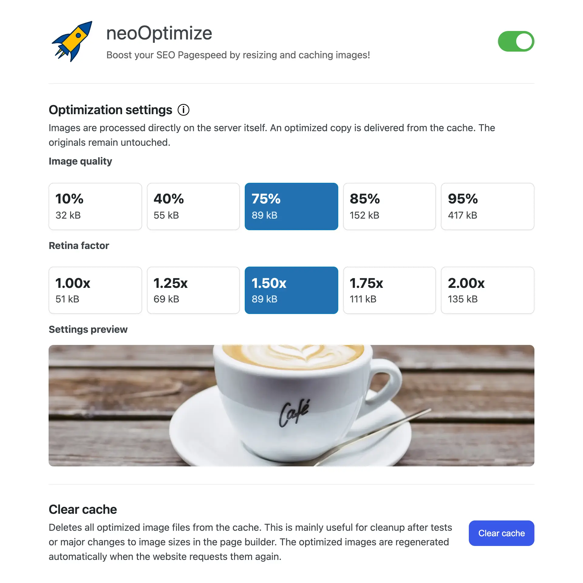 Captura de pantalla neo Optimize - Plugin de optimización de medios para WordPress para reducir imágenes y optimizar gráficos para SEO