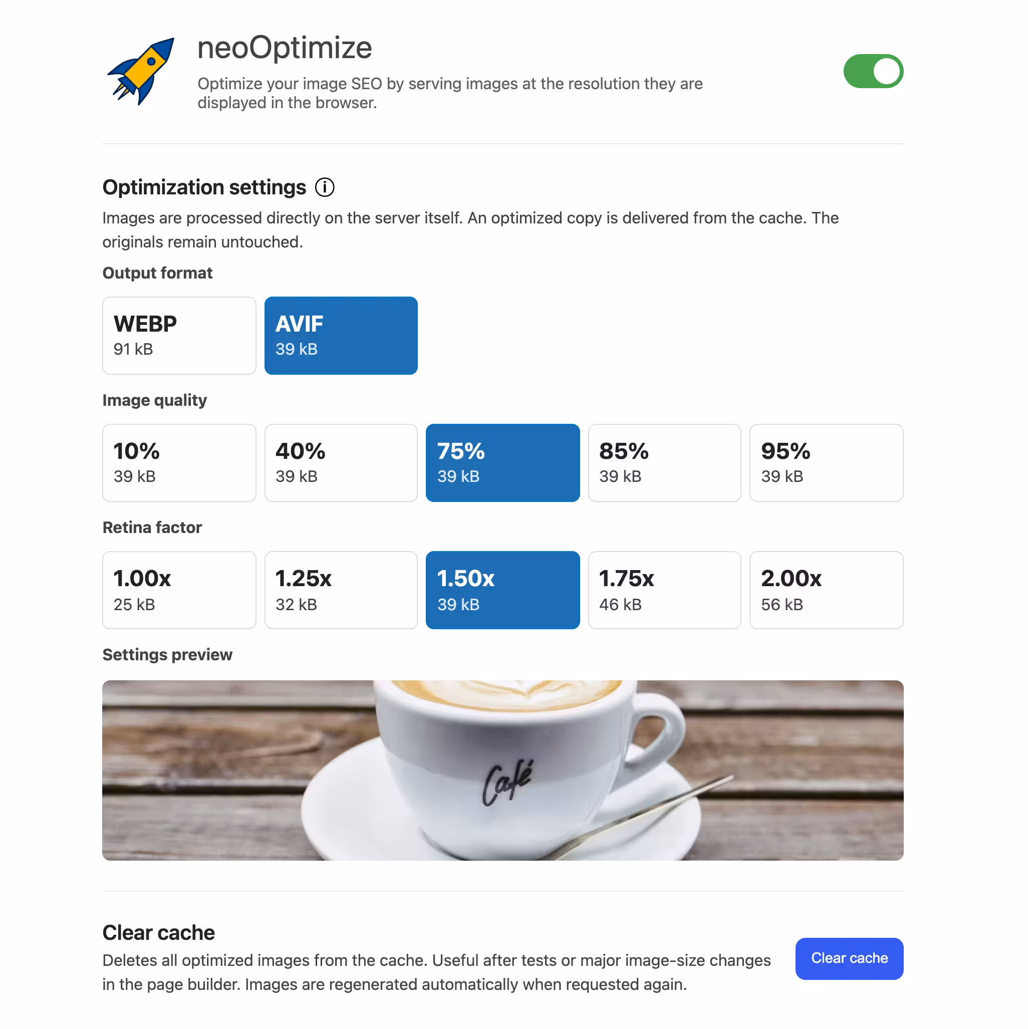 Capture d'écran neo Optimize - Plugin d'optimisation des médias pour WordPress, réduit les images pour l'optimisation SEO