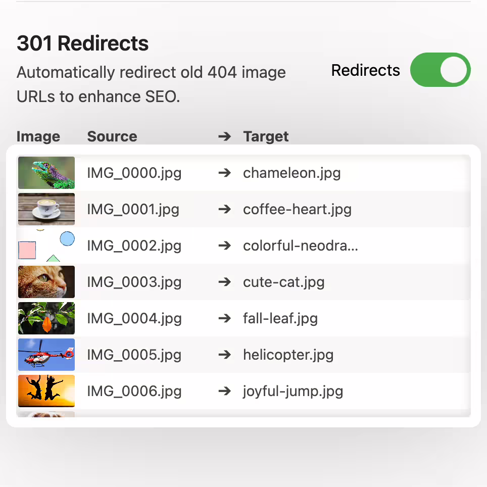 Redirections 301 générées automatiquement pour le renommage SEO-friendly des médias et bouton pour annuler