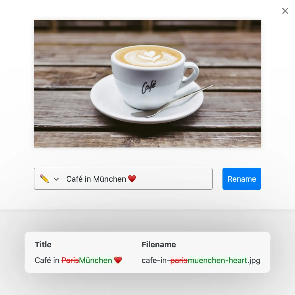 Rename images and videos with automatically generated filenames, titles and slugs based on entered terms