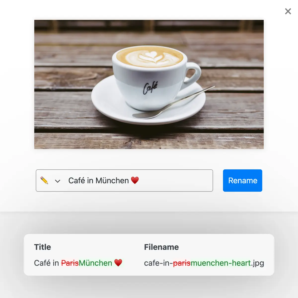 Rename images and videos with automatically generated filenames, titles and slugs based on entered terms