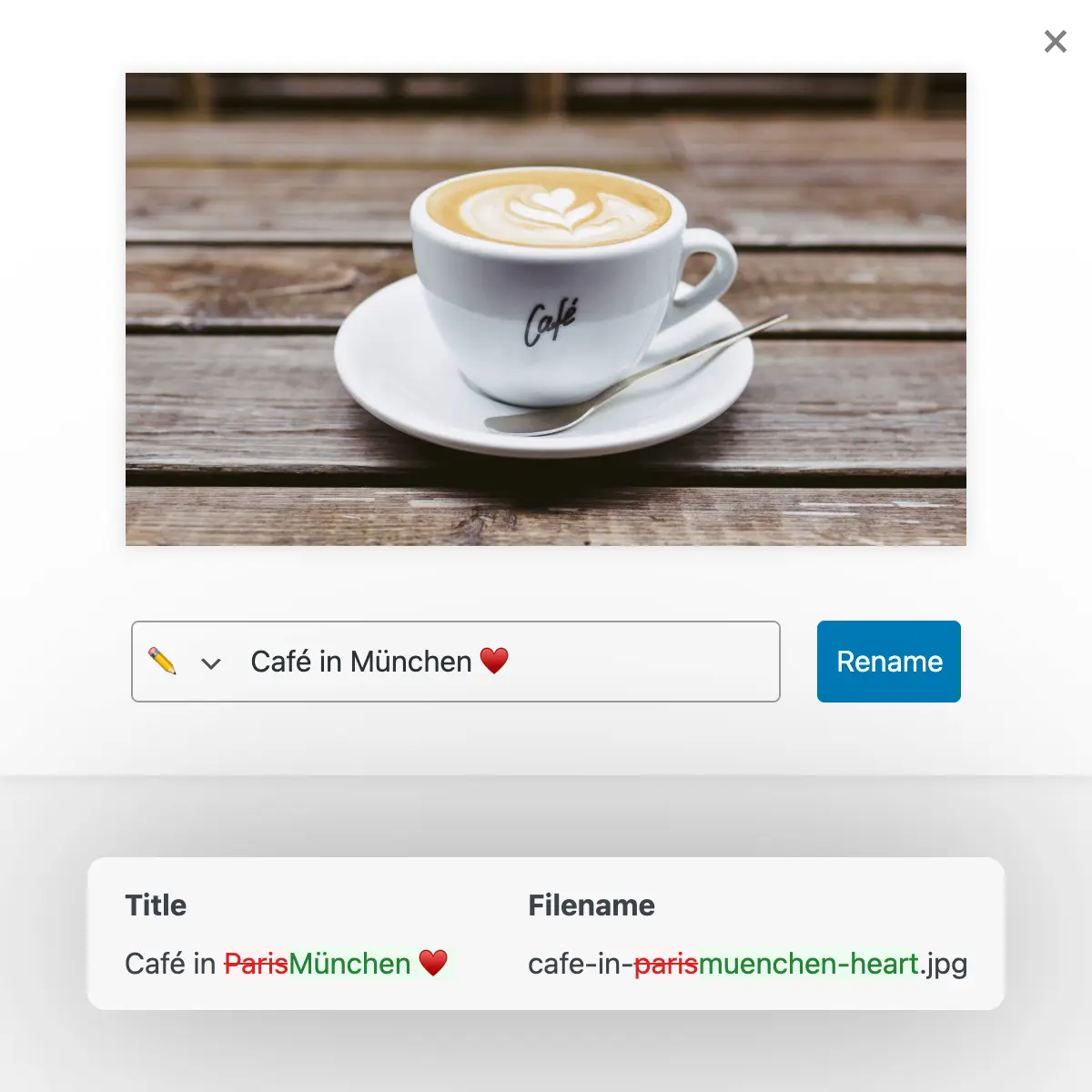 Rename images and videos with automatically generated filenames, titles and slugs based on entered terms
