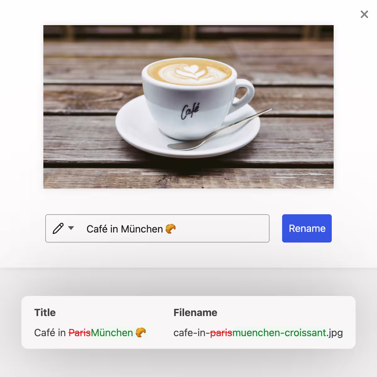 Rename images and videos with automatically generated filenames, titles, and slugs based on entered terms