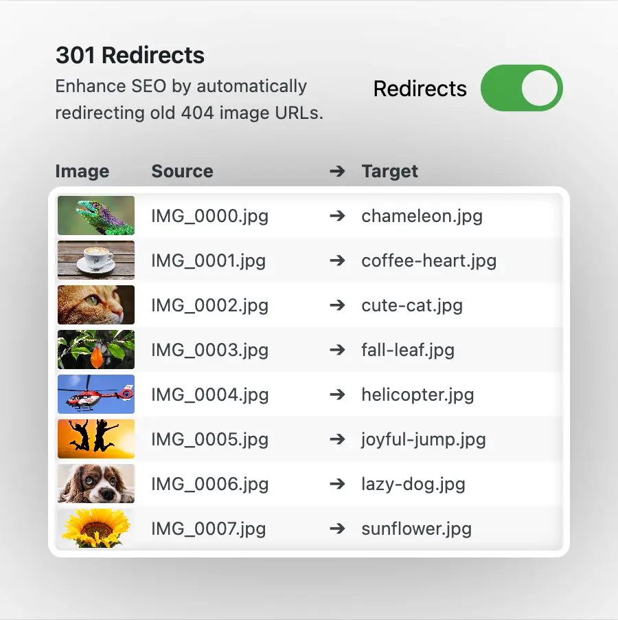 Automatically generated 301 redirects for SEO-friendly media renaming and an undo button