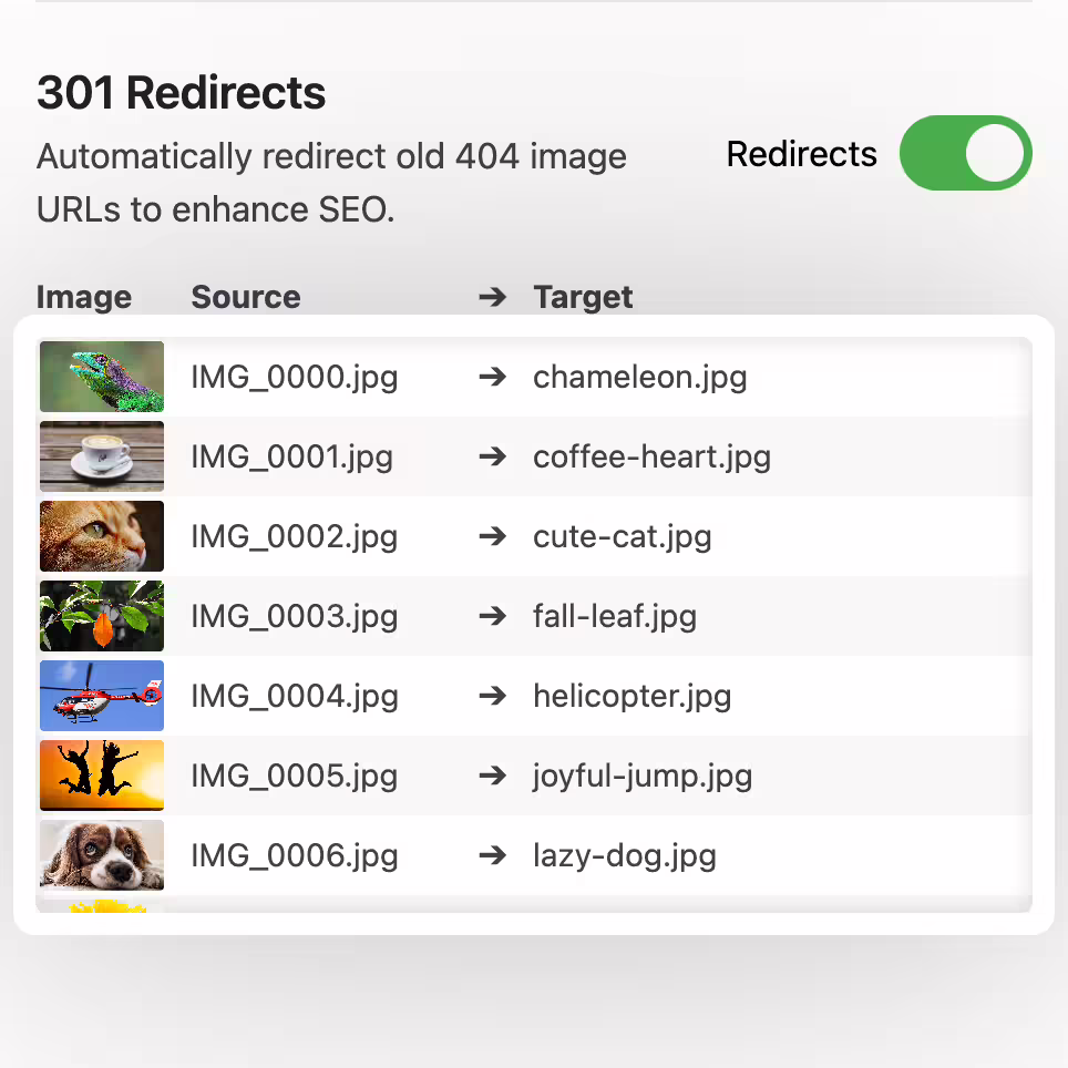 Automatically generated 301 redirects for SEO-friendly media renaming and an undo button