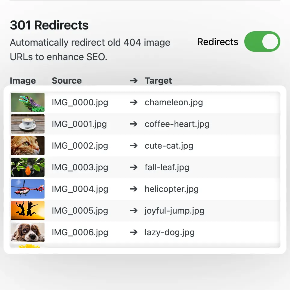 Redirecciones 301 generadas automáticamente para el renombrado SEO-amigable de medios y botón para deshacer