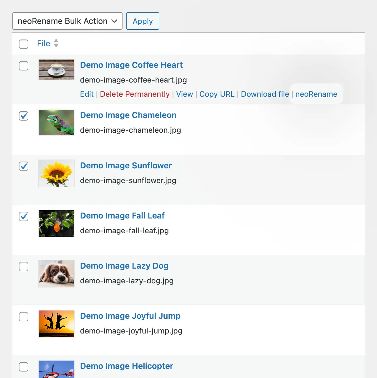 Button under image thumbnails in the WordPress media library to rename images without reloading the page