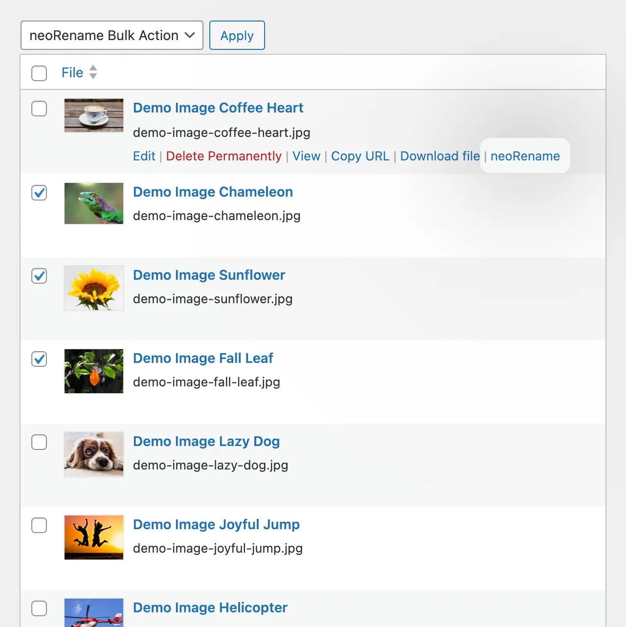Button under image thumbnails in the WordPress media library to rename images without reloading the page