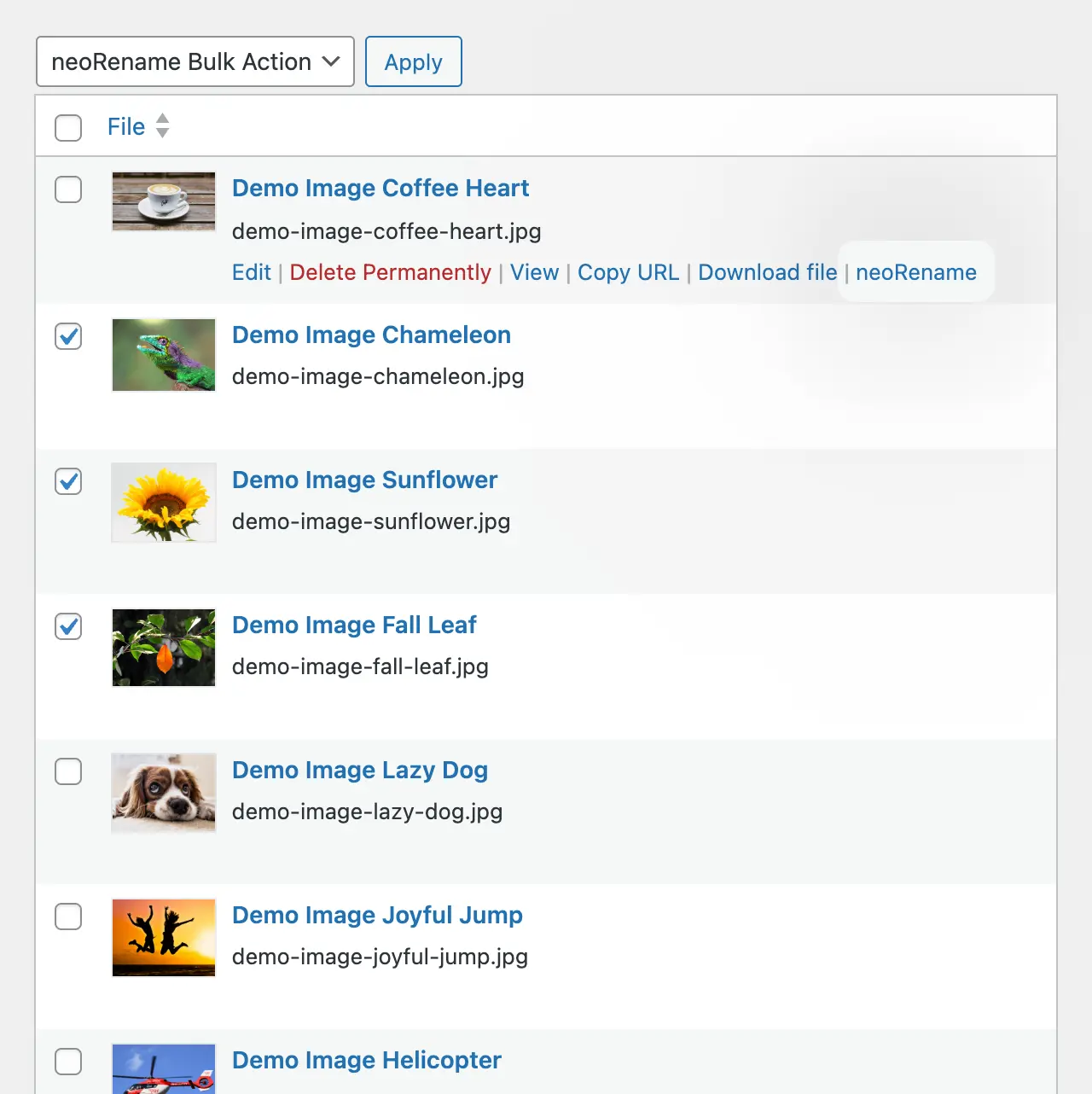 Button under image thumbnails in the WordPress media library to rename images without reloading the page