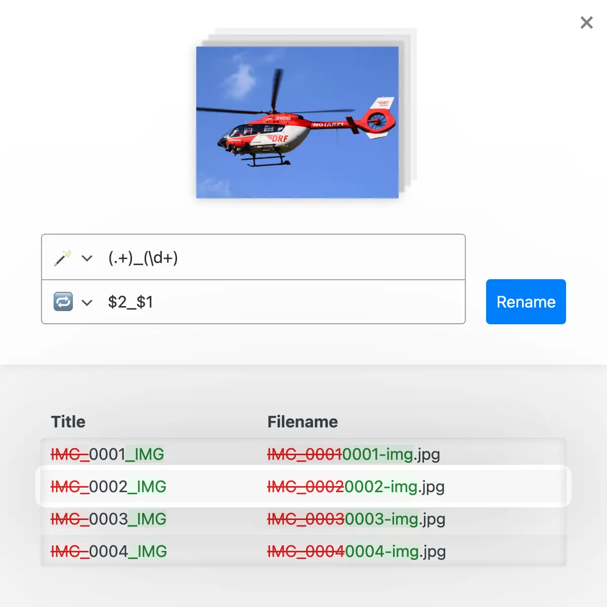 Mass renaming with Regex to filter and replace name parts based on dynamic replacement rules