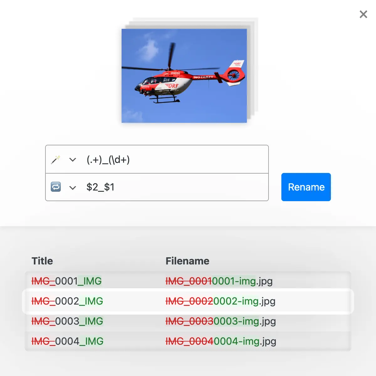 Mass renaming with regex to filter and replace name components based on dynamic replacement rules