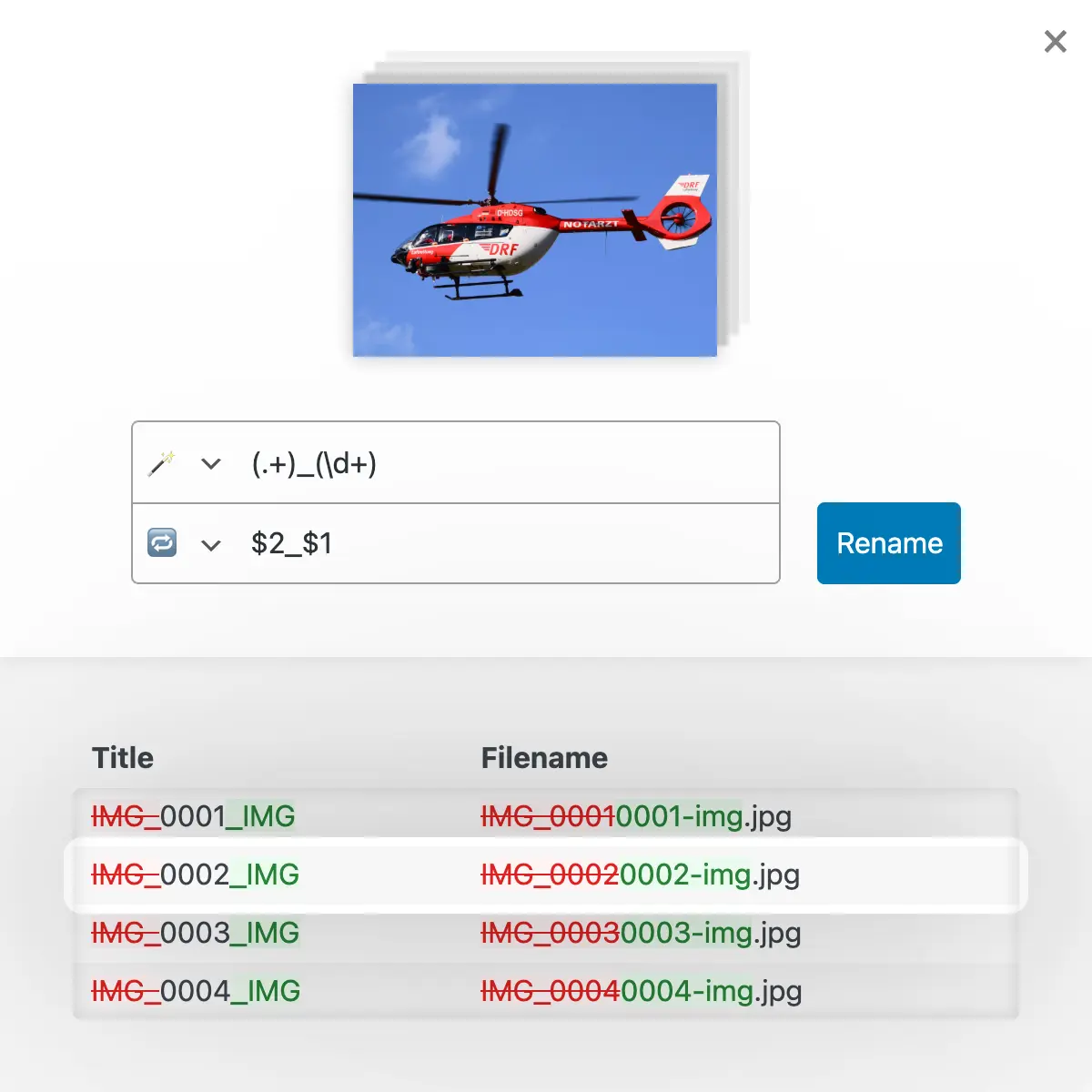 Mass renaming with regex to filter and replace name parts based on dynamic replacement rules