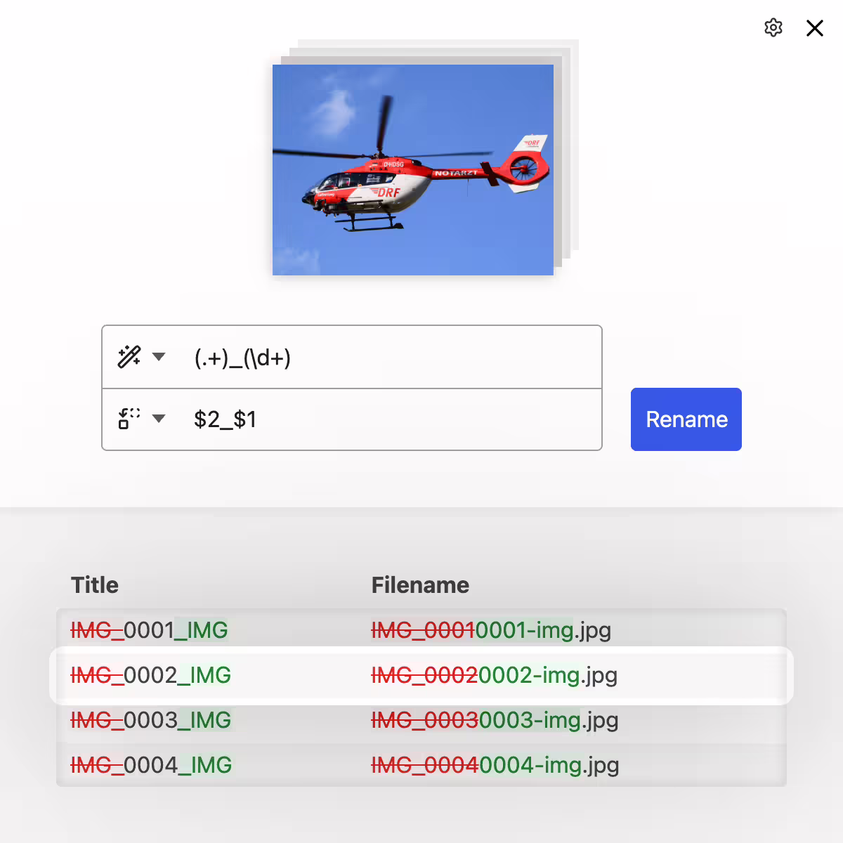 Bulk rename with regex to filter and replace name components based on dynamic replacement rules